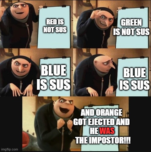 among us makes no sense |  GREEN IS NOT SUS; RED IS NOT SUS; BLUE IS SUS; BLUE IS SUS; AND ORANGE GOT EJECTED AND HE             THE IMPOSTOR!!! WAS | image tagged in gru's plan 5 panel editon | made w/ Imgflip meme maker