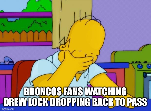 smh homer | BRONCOS FANS WATCHING DREW LOCK DROPPING BACK TO PASS | image tagged in smh homer | made w/ Imgflip meme maker