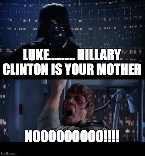 Star Wars No | LUKE.......... HILLARY CLINTON IS YOUR MOTHER; NOOOOOOOOO!!!! | image tagged in memes,star wars no | made w/ Imgflip meme maker
