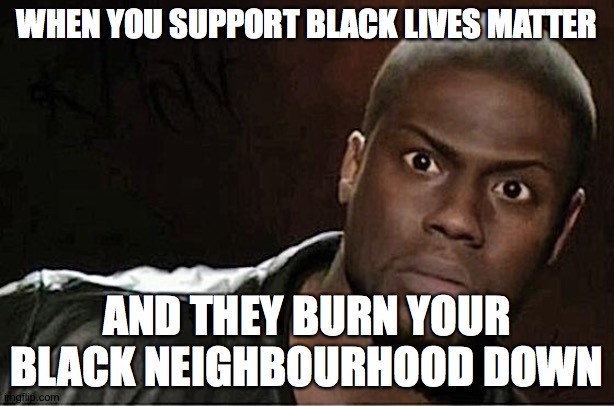 Kevin Hart | WHEN YOU SUPPORT BLACK LIVES MATTER; AND THEY BURN YOUR BLACK NEIGHBOURHOOD DOWN | image tagged in memes,kevin hart | made w/ Imgflip meme maker