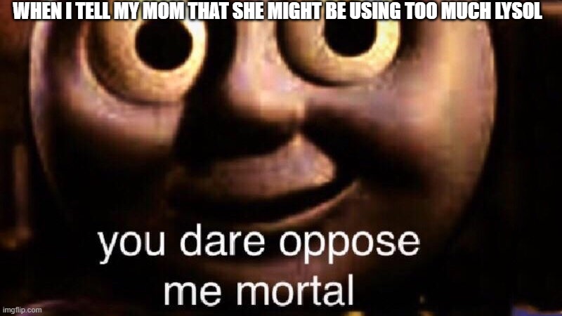 You dare oppose me mortal | WHEN I TELL MY MOM THAT SHE MIGHT BE USING TOO MUCH LYSOL | image tagged in you dare oppose me mortal | made w/ Imgflip meme maker