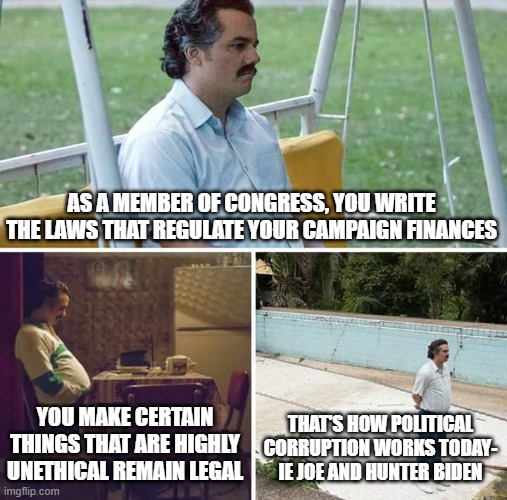 Sad Pablo Escobar | AS A MEMBER OF CONGRESS, YOU WRITE THE LAWS THAT REGULATE YOUR CAMPAIGN FINANCES; YOU MAKE CERTAIN THINGS THAT ARE HIGHLY UNETHICAL REMAIN LEGAL; THAT'S HOW POLITICAL CORRUPTION WORKS TODAY- IE JOE AND HUNTER BIDEN | image tagged in memes,sad pablo escobar | made w/ Imgflip meme maker