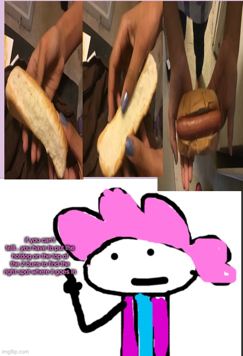 wow | if you can’t telll...you have to put the hotdog on the top of the 2 buns to find the right spot where it goes in | image tagged in alwayzbread points at words | made w/ Imgflip meme maker