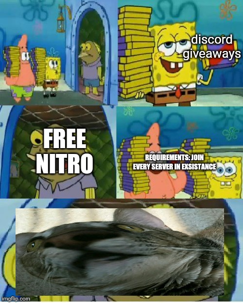Chocolate Spongebob | discord giveaways; FREE NITRO; REQUIREMENTS: JOIN EVERY SERVER IN EXSISTANCE | image tagged in memes,chocolate spongebob | made w/ Imgflip meme maker