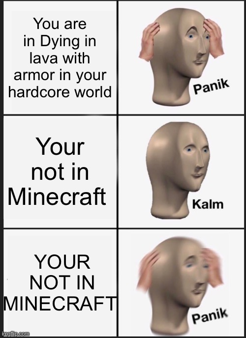 Hardcore |  You are in Dying in lava with armor in your hardcore world; Your not in Minecraft; YOUR NOT IN MINECRAFT; Your not in Minecraft | image tagged in memes,panik kalm panik,minecraft,hardcore,die | made w/ Imgflip meme maker