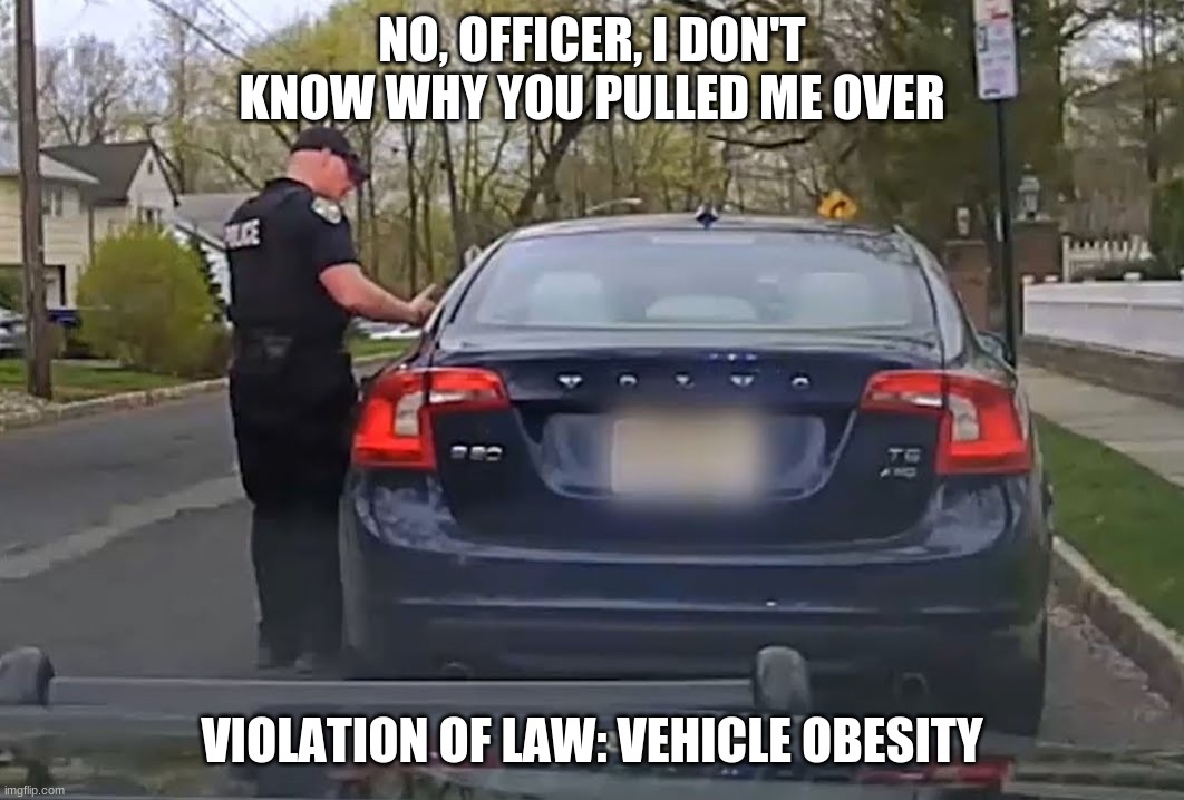 Volvo |  NO, OFFICER, I DON'T KNOW WHY YOU PULLED ME OVER; VIOLATION OF LAW: VEHICLE OBESITY | image tagged in cop,volvo,car guys,cuz cars | made w/ Imgflip meme maker