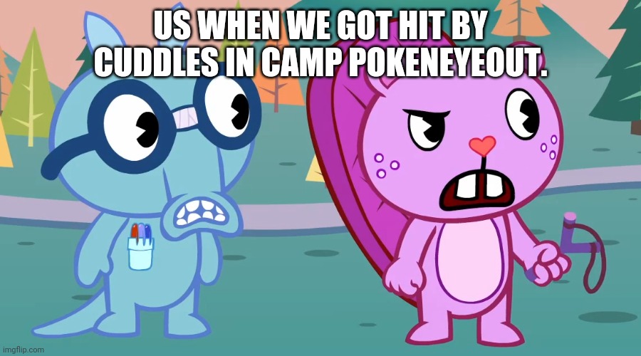 What the?! (HTF) | US WHEN WE GOT HIT BY CUDDLES IN CAMP POKENEYEOUT. | image tagged in what the htf,happy tree friends,memes | made w/ Imgflip meme maker