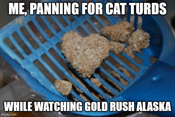 ME, PANNING FOR CAT TURDS; WHILE WATCHING GOLD RUSH ALASKA | image tagged in ukraine | made w/ Imgflip meme maker