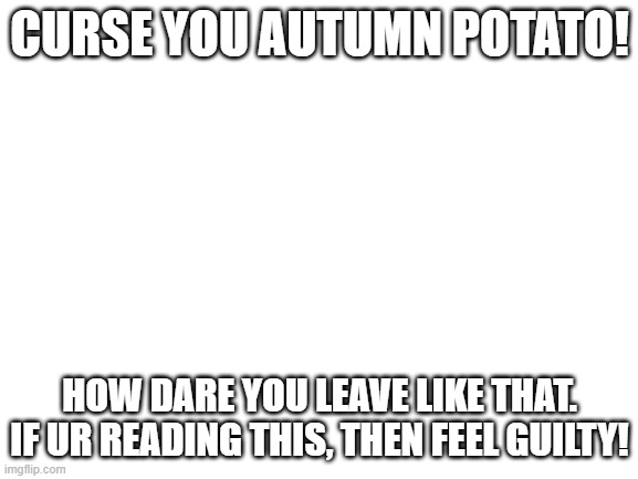 Blank White Template | CURSE YOU AUTUMN POTATO! HOW DARE YOU LEAVE LIKE THAT. IF UR READING THIS, THEN FEEL GUILTY! | image tagged in blank white template | made w/ Imgflip meme maker