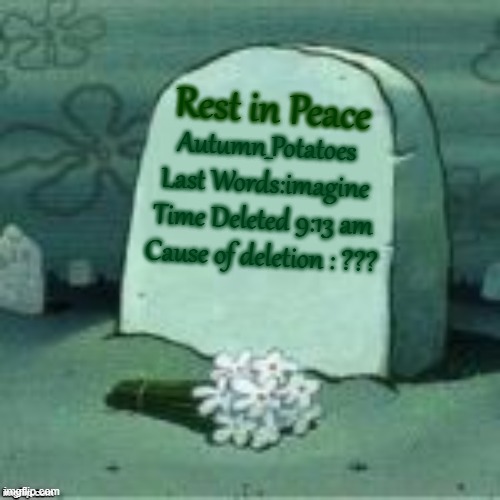 the old timer has died | Rest in Peace; Autumn_Potatoes

Last Words:imagine
Time Deleted 9:13 am
Cause of deletion : ??? | image tagged in here lies x,rip | made w/ Imgflip meme maker