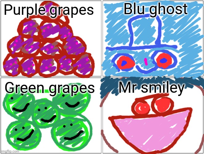 I drew sum grapes. I think those pillz are kicking in. | Blu ghost; Purple grapes; Green grapes; Mr smiley | image tagged in memes,blank comic panel 2x2,grapes,drawing,bad,art | made w/ Imgflip meme maker