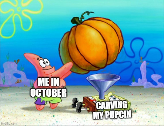 SpongeBob pumpkin funnel | ME IN OCTOBER; CARVING MY PUPCIN | image tagged in spongebob pumpkin funnel | made w/ Imgflip meme maker