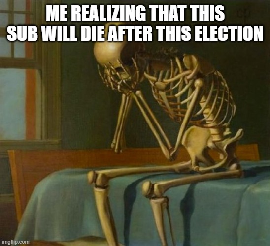 Sad skeleton | ME REALIZING THAT THIS SUB WILL DIE AFTER THIS ELECTION | image tagged in sad skeleton,Trumpgret | made w/ Imgflip meme maker