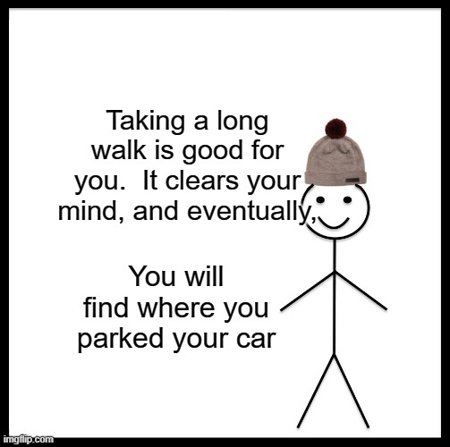 Be Like Bill | Taking a long walk is good for you.  It clears your mind, and eventually, You will find where you parked your car | image tagged in memes,be like bill | made w/ Imgflip meme maker