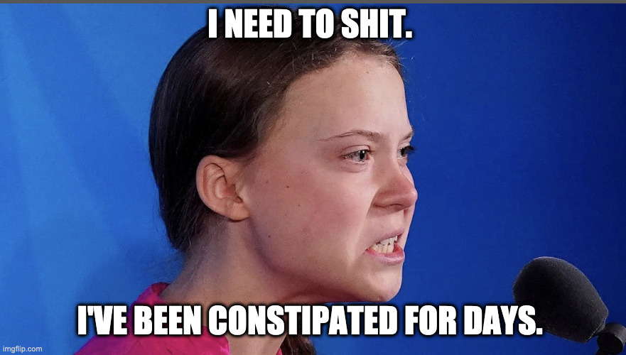 Turd Girl | I NEED TO SHIT. I'VE BEEN CONSTIPATED FOR DAYS. | image tagged in gretta | made w/ Imgflip meme maker