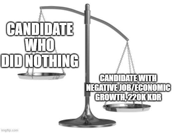 Fair and Un-Balanced | CANDIDATE WHO DID NOTHING CANDIDATE WITH NEGATIVE JOB/ECONOMIC GROWTH, 220K KDR | image tagged in fair and un-balanced | made w/ Imgflip meme maker