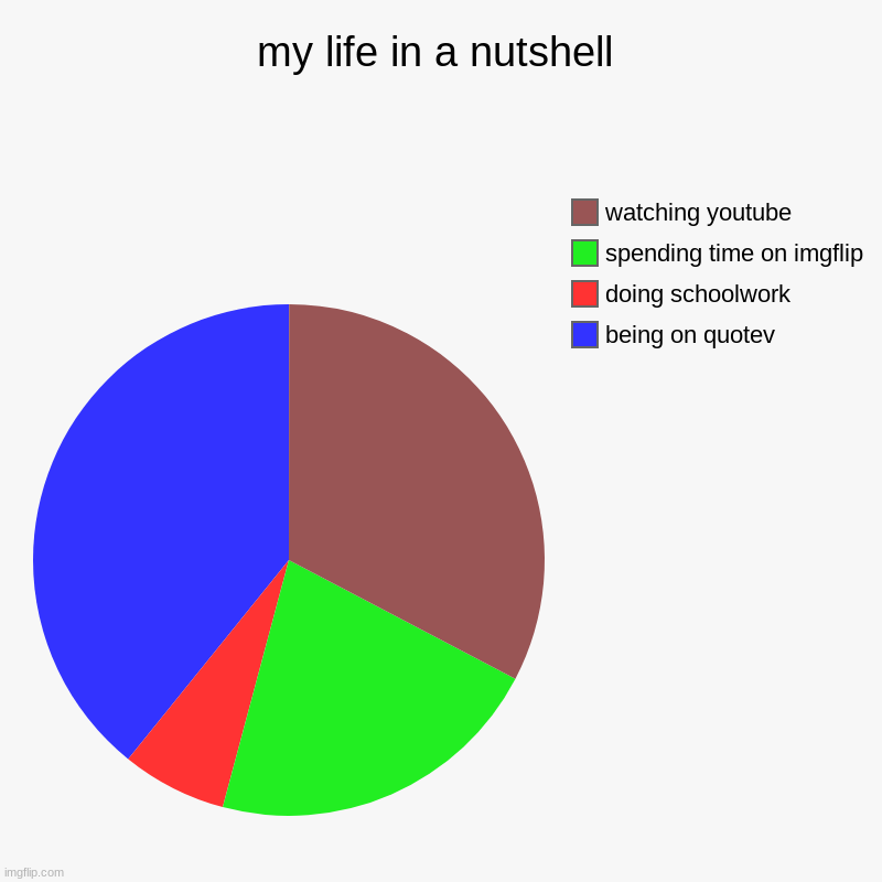 my life in a nutshell | being on quotev, doing schoolwork, spending time on imgflip, watching youtube | image tagged in charts,pie charts | made w/ Imgflip chart maker