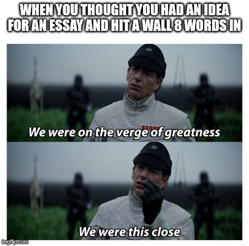 Essays are fun... | WHEN YOU THOUGHT YOU HAD AN IDEA FOR AN ESSAY AND HIT A WALL 8 WORDS IN | image tagged in star wars verge of greatness | made w/ Imgflip meme maker