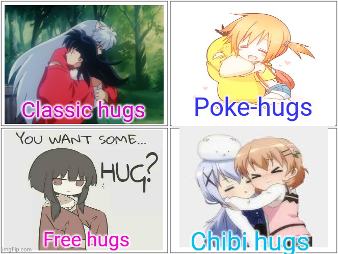 Anime hugs starter pack | Poke-hugs; Classic hugs; Chibi hugs; Free hugs | image tagged in memes,blank comic panel 2x2,free hugs,anime girl,misty,inuyasha | made w/ Imgflip meme maker