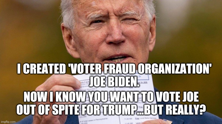Vote Accordingly | I CREATED 'VOTER FRAUD ORGANIZATION'
JOE BIDEN. NOW I KNOW YOU WANT TO VOTE JOE OUT OF SPITE FOR TRUMP...BUT REALLY? | image tagged in joe biden,trump,2020,election,voter fraud,democrats | made w/ Imgflip meme maker