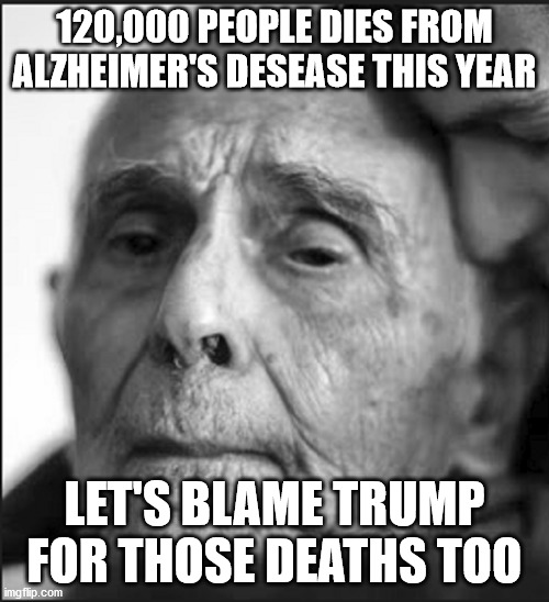 Yes I'm aware government rationed medical treatment is a thing, and yes I know you call it "Universal Healthcare" | 120,000 PEOPLE DIES FROM ALZHEIMER'S DESEASE THIS YEAR; LET'S BLAME TRUMP FOR THOSE DEATHS TOO | image tagged in alzheimers,impeach trump,trump 2020,election 2020,media bias | made w/ Imgflip meme maker