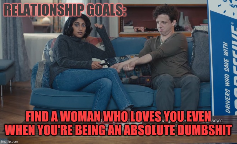 Because, let's face it, it's pretty much us guys who are the dumbshits. |  RELATIONSHIP GOALS:; FIND A WOMAN WHO LOVES YOU EVEN WHEN YOU'RE BEING AN ABSOLUTE DUMBSHIT | image tagged in progressive sign spinner and girlfriend,memes,relationship goals,true love | made w/ Imgflip meme maker