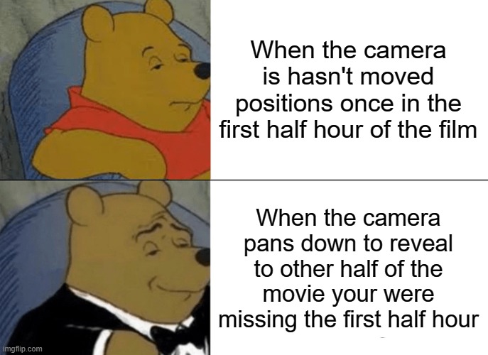 cinema things | When the camera is hasn't moved positions once in the first half hour of the film; When the camera pans down to reveal to other half of the movie your were missing the first half hour | image tagged in memes,tuxedo winnie the pooh | made w/ Imgflip meme maker