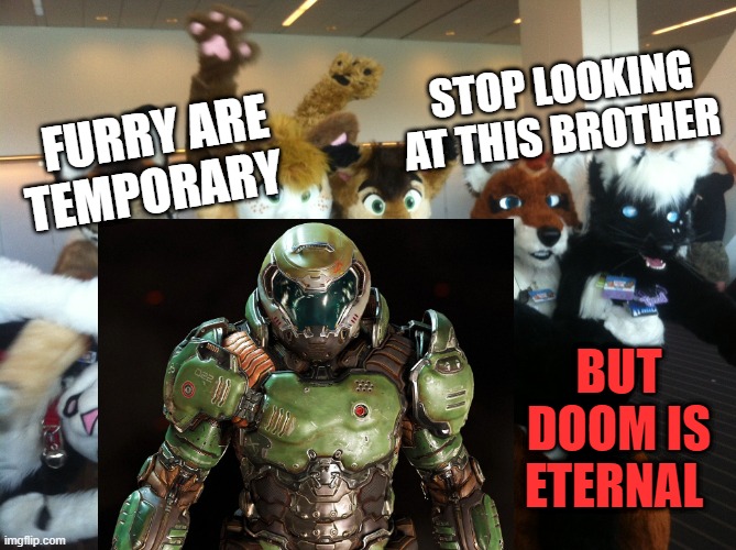 STOP LOOKING AT THIS BROTHER; FURRY ARE TEMPORARY; BUT DOOM IS ETERNAL | image tagged in doomguy | made w/ Imgflip meme maker