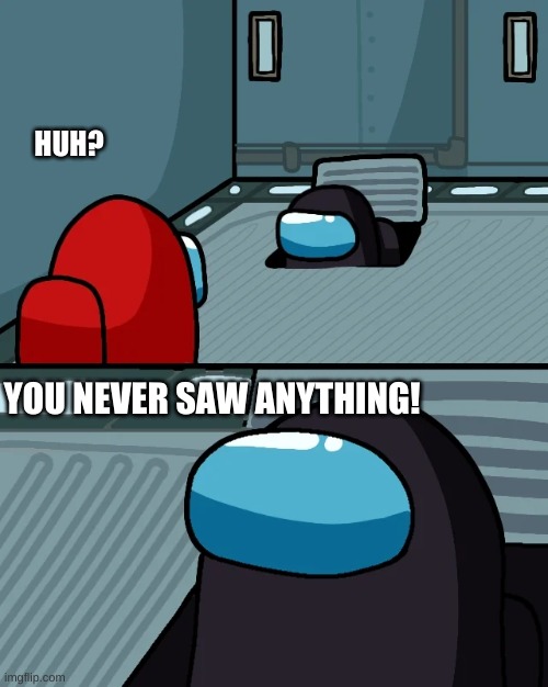 u never saw anything | HUH? YOU NEVER SAW ANYTHING! | image tagged in impostor of the vent | made w/ Imgflip meme maker