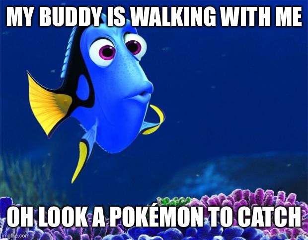 Dory | MY BUDDY IS WALKING WITH ME; OH LOOK A POKÉMON TO CATCH | image tagged in dory | made w/ Imgflip meme maker