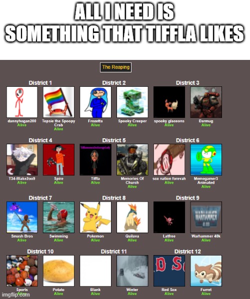 ALL I NEED IS SOMETHING THAT TIFFLA LIKES | image tagged in hunger games | made w/ Imgflip meme maker