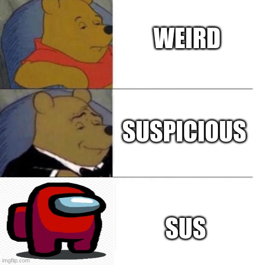 Might not be super original but I thought I would try and make it | WEIRD; SUSPICIOUS; SUS | image tagged in tuxedo winnie the pooh 3 panel | made w/ Imgflip meme maker