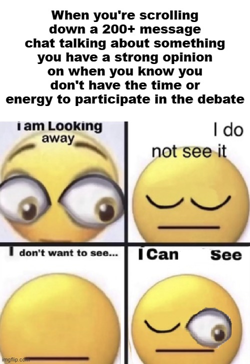 I am looking away | When you're scrolling down a 200+ message chat talking about something you have a strong opinion on when you know you don't have the time or energy to participate in the debate | image tagged in i am looking away | made w/ Imgflip meme maker