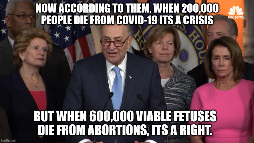 Democrat congressmen | NOW ACCORDING TO THEM, WHEN 200,000 PEOPLE DIE FROM COVID-19 ITS A CRISIS; BUT WHEN 600,000 VIABLE FETUSES DIE FROM ABORTIONS, ITS A RIGHT. | image tagged in democrat congressmen | made w/ Imgflip meme maker