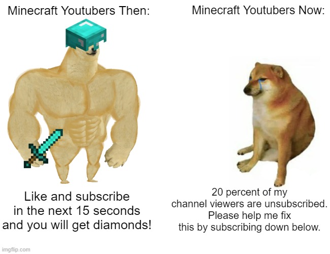 Buff Doge vs. Cheems | Minecraft Youtubers Then:; Minecraft Youtubers Now:; 20 percent of my channel viewers are unsubscribed. Please help me fix this by subscribing down below. Like and subscribe in the next 15 seconds and you will get diamonds! | image tagged in memes,buff doge vs cheems | made w/ Imgflip meme maker