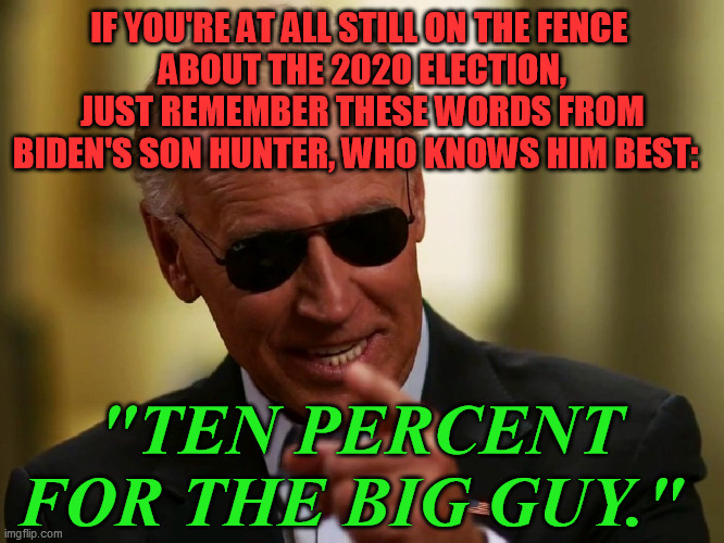 Words to ponder, for anyone still considering Joe Biden | IF YOU'RE AT ALL STILL ON THE FENCE 
ABOUT THE 2020 ELECTION, JUST REMEMBER THESE WORDS FROM BIDEN'S SON HUNTER, WHO KNOWS HIM BEST:; "TEN PERCENT  FOR THE BIG GUY." | image tagged in cool joe biden,hunter biden,chinese bribery,democratic corruption,hidin' biden,scandal | made w/ Imgflip meme maker