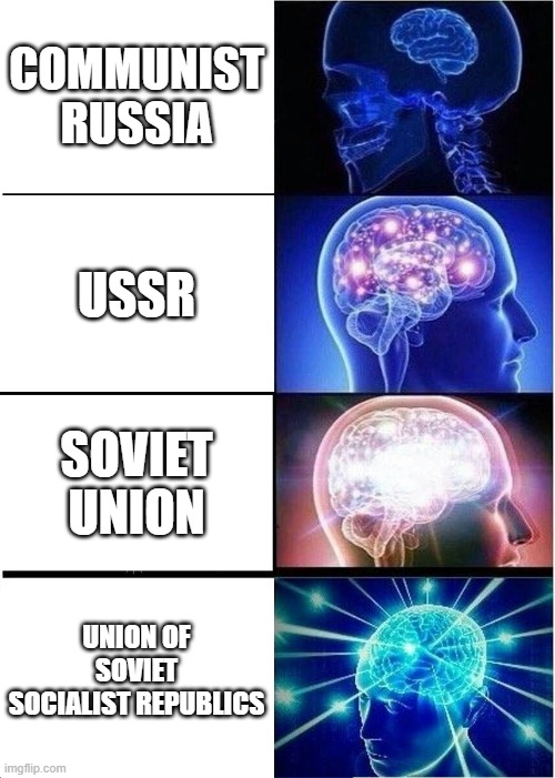 How to say communist | COMMUNIST RUSSIA; USSR; SOVIET UNION; UNION OF SOVIET SOCIALIST REPUBLICS | image tagged in memes,expanding brain | made w/ Imgflip meme maker