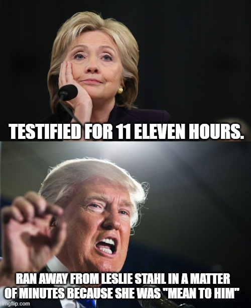 TESTIFIED FOR 11 ELEVEN HOURS. RAN AWAY FROM LESLIE STAHL IN A MATTER OF MINUTES BECAUSE SHE WAS "MEAN TO HIM" | image tagged in donald trump | made w/ Imgflip meme maker