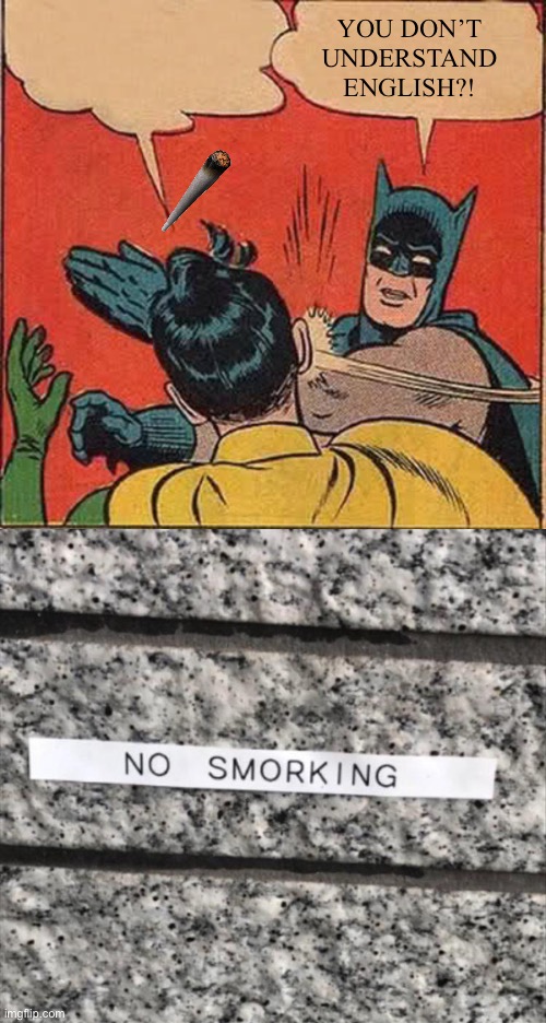 Smork’em if you got ‘em. | YOU DON’T UNDERSTAND ENGLISH?! | image tagged in memes,batman slapping robin,smoking,funny | made w/ Imgflip meme maker