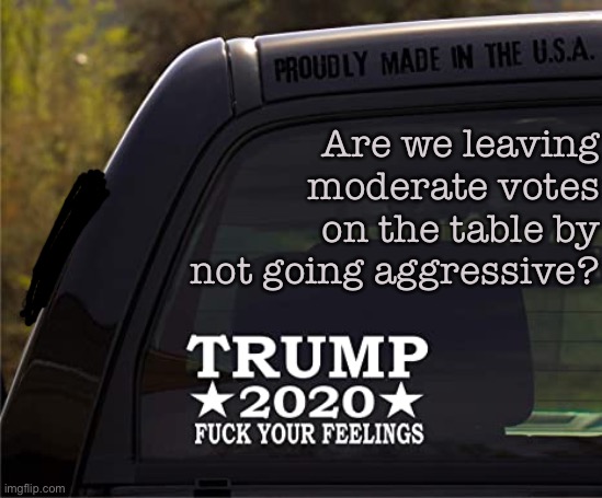 [Are Democrats missing an opportunity to reach out to the drivers of pickup-trucks sporting hateful Trump bumper stickers?] | Are we leaving moderate votes on the table by not going aggressive? | image tagged in trump 2020 fuck your feelings,election 2020,trump is a moron,trump supporters | made w/ Imgflip meme maker