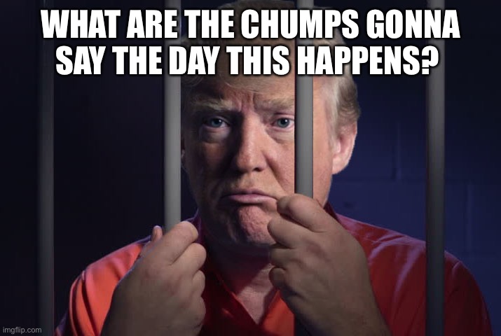 Trump Behind Bars | WHAT ARE THE CHUMPS GONNA SAY THE DAY THIS HAPPENS? | image tagged in trump behind bars | made w/ Imgflip meme maker