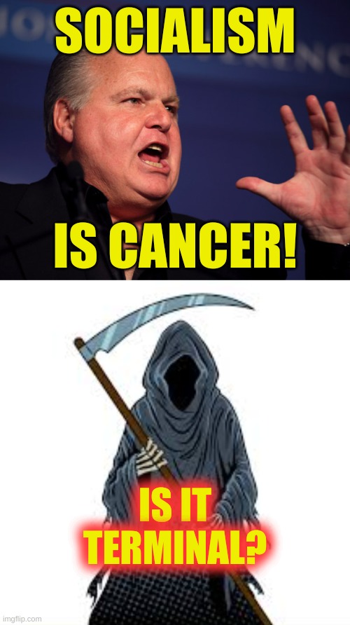 SOCIALISM; IS CANCER! IS IT TERMINAL? | image tagged in rush limbaugh angry,how cancer really looks like,socialism,obamacare,grim reaper,grim reaper knocking door | made w/ Imgflip meme maker
