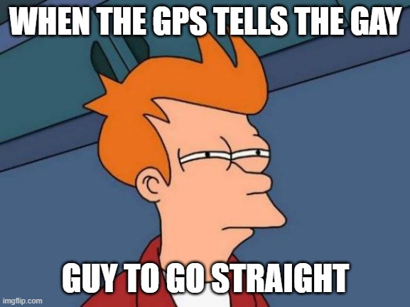 Futurama Fry | WHEN THE GPS TELLS THE GAY; GUY TO GO STRAIGHT | image tagged in memes,futurama fry | made w/ Imgflip meme maker