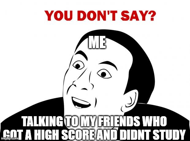 dont you say??? XDDD | ME; TALKING TO MY FRIENDS WHO GOT A HIGH SCORE AND DIDNT STUDY | image tagged in memes,you don't say | made w/ Imgflip meme maker