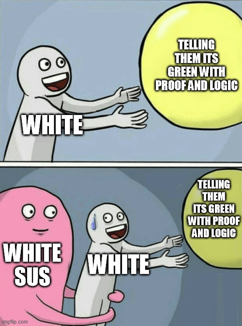Running Away Balloon Meme | TELLING THEM ITS GREEN WITH PROOF AND LOGIC; WHITE; TELLING THEM ITS GREEN WITH PROOF AND LOGIC; WHITE SUS; WHITE | image tagged in memes,running away balloon | made w/ Imgflip meme maker