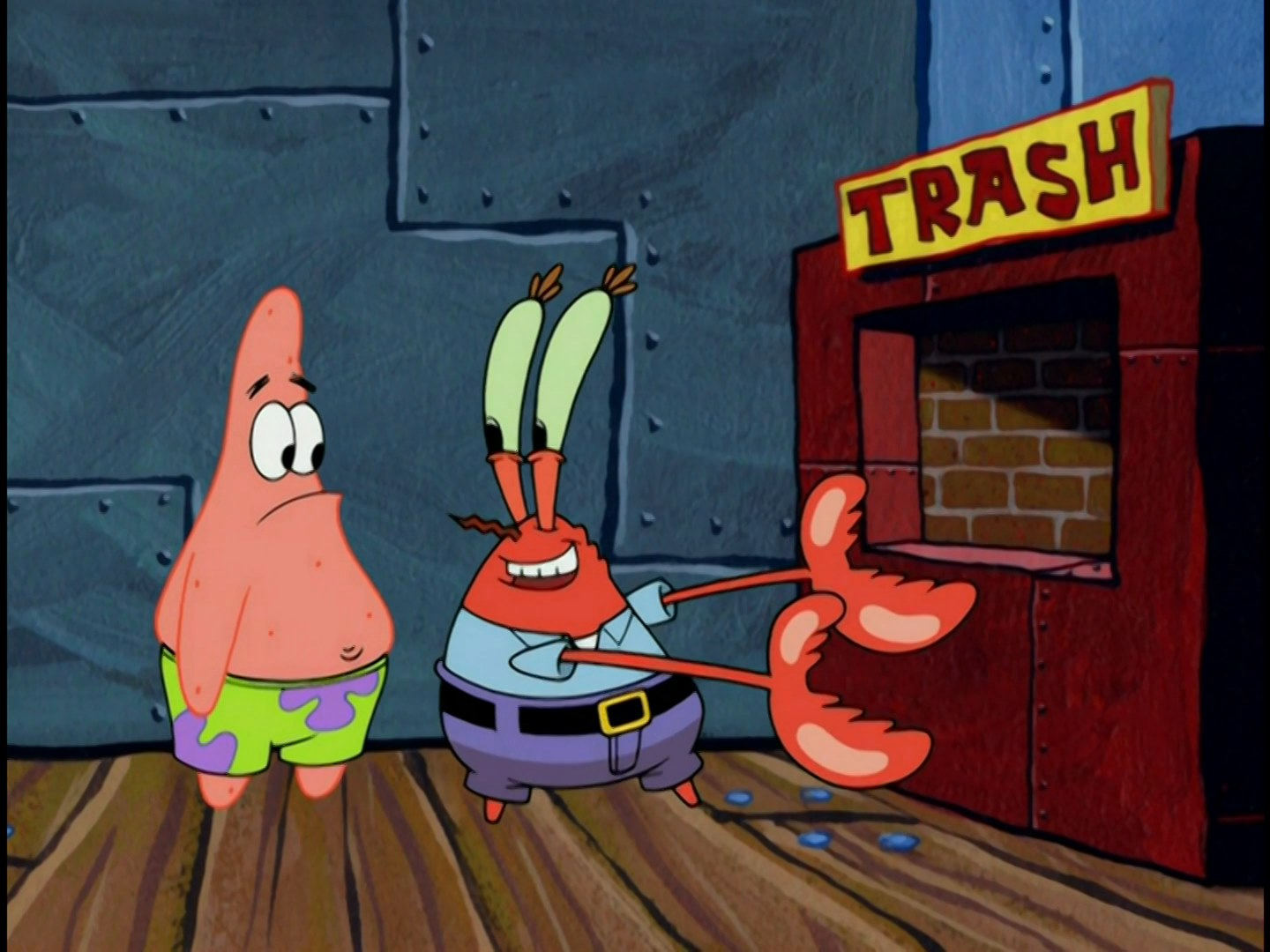 Mr. Krabs throws out the trash Blank Meme Template