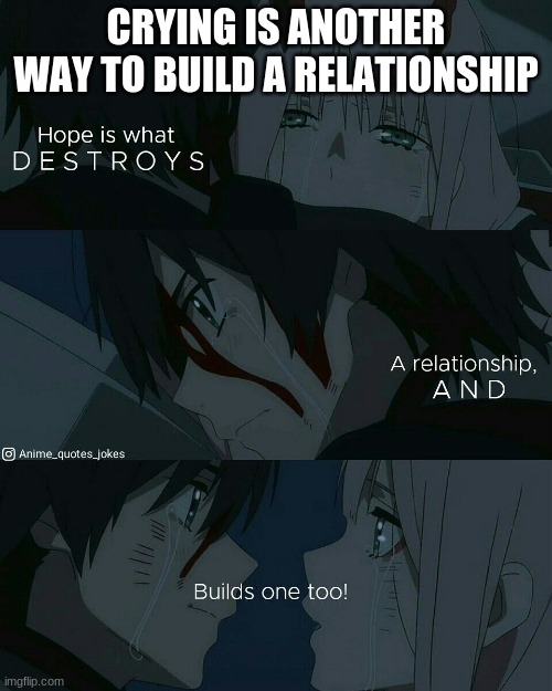 02 and Hiro | CRYING IS ANOTHER WAY TO BUILD A RELATIONSHIP | image tagged in darling in the franxx,fun,funny,anime | made w/ Imgflip meme maker