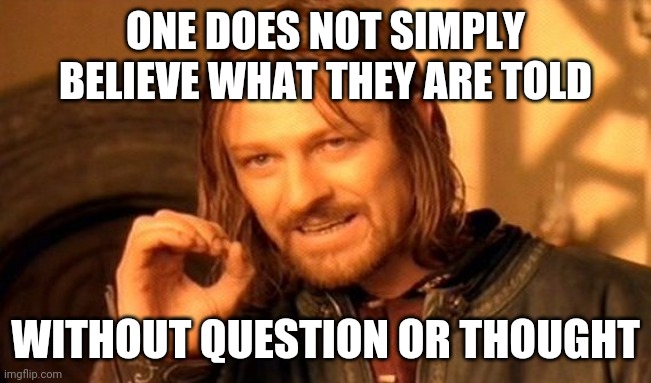 Wouldn't it be nice if... | ONE DOES NOT SIMPLY BELIEVE WHAT THEY ARE TOLD; WITHOUT QUESTION OR THOUGHT | image tagged in memes,one does not simply,logic | made w/ Imgflip meme maker