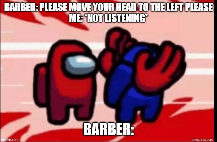 barber | BARBER: PLEASE MOVE YOUR HEAD TO THE LEFT PLEASE
ME: *NOT LISTENING*; BARBER: | image tagged in hair,barber | made w/ Imgflip meme maker