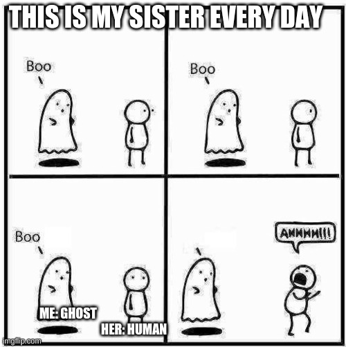 Ghost Boo | THIS IS MY SISTER EVERY DAY; ME: GHOST                                                                                                 
                        HER: HUMAN | image tagged in ghost boo | made w/ Imgflip meme maker